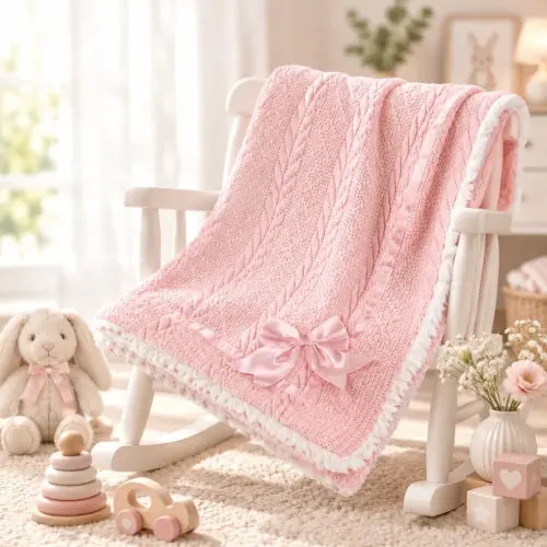 Pink Sherpa Back Knit Baby Blanket with Satin Bow