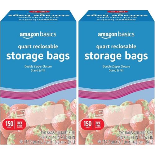 Amazon Basics Reclosable Gallon Food Storage Bags with Double Zipper Seal, Stand and Fill Base, BPA Free, 120 Count