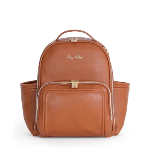 Itzy Ritzy Mini Diaper Bag Backpack – Chic, Compact Mini Plus Backpack with Changing Pad, 10 Pockets (6 Internal, 4 External), Grab-Top Handle & Rubber Feet (Cognac)