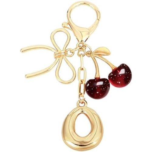 Snycler Bubble Initial Keychain with Bow & Cherry - Gold Letter Bag Charms for Women, Cute Purse Handbag Accessories