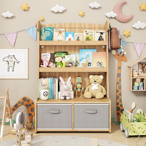 WISUCART Kids Bookshelf withToy Storage Organizer, 3 Tier Bamboo Todders Book Shelf Large Book Rack for Child Room Playroom Nursery for Kids, Children, Toddlers (Nature)