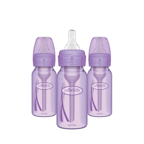 Dr. Brown's Anti-Colic Options+ Narrow Baby Bottles, Purple, 4 oz, 3-Pack | Natural Flow bottle clinically proven to reduce colic, 4 oz/120 mL with Level 1 Slow Flow Nipple, 0m+, BPA-Free