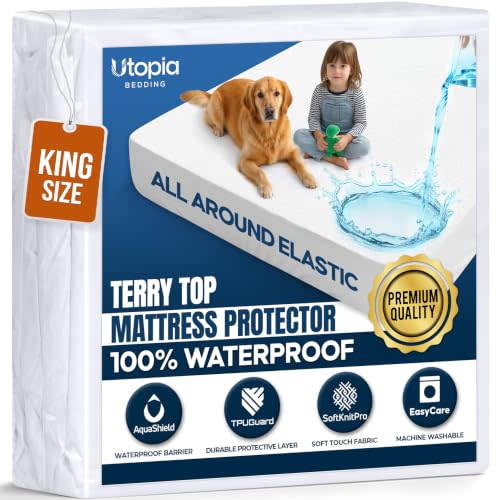 Waterproof King Size Mattress Protector fits Upto 17" deep Mattresses | Utopia Bedding 200 GSM Soft & Breathable Mattress Cover, Dirt-Proof, Noiseless, Machine Washable Fitted Sheet Style, White