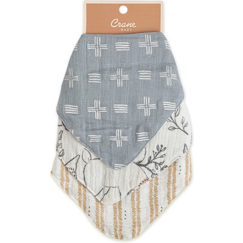 CRANE BABY Kids' 3-Pack Cotton Muslin Bandana Bibs, Beige/ Blue/ White Multi