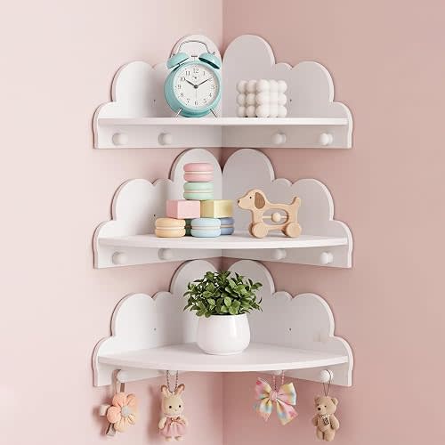 Novabright 3 Pcs Cloud Corner Floating Shelves for Nursery, 90 Degree Wall Mounted Corner Shelf with Hooks, Cute White Dispaly Shelves for Kids Rooms Home Decor - 2 No Hook, 1 with Hook
