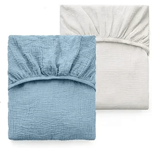 Momcozy Muslin Standard Fitted Crib Sheets, 52"x28", 2 Pack Soft Breathable Natural Cotton Baby Mattress Sheet, 360° Mattress Wrapping No Slip Boys Girls Neutral Toddler Bed Sheet, Grey Blue