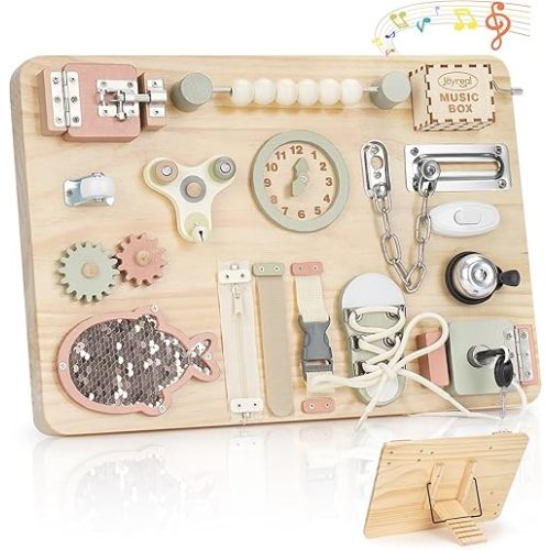 Joyreal Large Wooden Busy Board with Foldable Stand for Toddlers