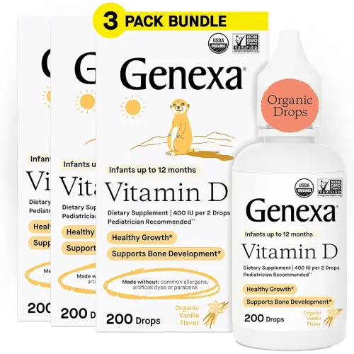 Genexa Infants Vitamin D Liquid Drops for Newborn, Baby & Toddler | Bone Development | Delicious Organic Vanilla Flavor | Certified Organic, Gluten Free, & Non-GMO | 270 Servings (3 Pack)