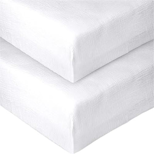 2 Pack Muslin Fitted Crib Sheets for Baby Girls & Boys-Neutral Breathable Crib Mattress Protector for Standard Crib Mattress (28"x 52") -White Crib Sheets No Slip Toddler Cotton Bedding