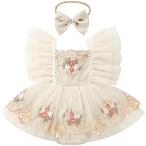 ODASDO Baby Girls First Birthday Party Dress Newborn Tulle Tutu Romper Floral Embroidery Bodysuit Cake Smash Outfit