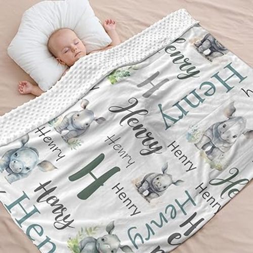 Personalized Baby Blankets for Boys Girls Rhinoceros Baby Blanket Soft Plush Minky Customized Baby Blanket with Name Receiving Blankets Girl Boy Newborn Toddler Kids