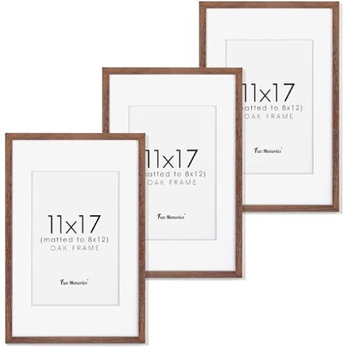 11x17 Picture Frames, 11"x17" Oak Wood Frame for Wall, 11 x 17 Poster Frame Real Glass, 11x17 Frame with Mat for 8x12, Rustic Wood 11 by 17 Photo Frames, Walnut Color, 3 Pack