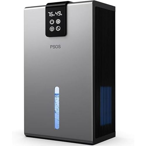 PSOS Dehumidifier, Dehumidifiers for Home, 98 OZ Water Tank, (1000 sq.ft) Quiet Dehumidifier for Basement Bathroom Bedroom with Humidity Display, Auto Shut Off, Relaxing 7 Color Ambient Light(Gray)