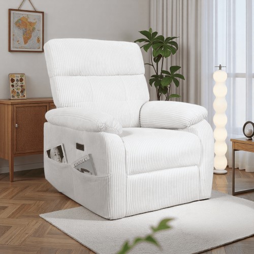 INNOVAR Recliner Sofa for Adults, Power Swivel Reclining Chair, Oversized Electric Recliners Elderly Rocker Chair W/Storage Pockets, USB and Type-C Ports for Home Living Room,Corduroy,White
