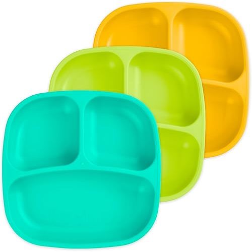 Re-Play Toddler Plates with Dividers - Deep-Walled 3 Compartments Divided Plates for Kids - Dishwasher & Microwave Safe - Made in USA - Set of 3-7.37" x 7.37" x 1.25" - Aqua Asst