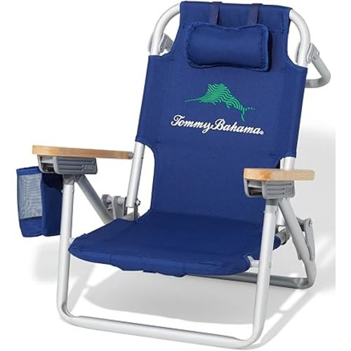Tommy Bahama Kid's 5-Position Lay Flat Backpack Folding Beach Chair, Solid Navy Wavy Marlin