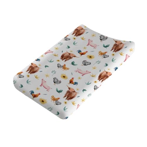 Farm Animals Changing Pad Cover Yak Pigs Rooster Hens Sunflowers Diaper Change Table Sheets for Boys Girls Soft Stretchy Snug Fitted Diaper Changing Table Mats Cover 32''x16''