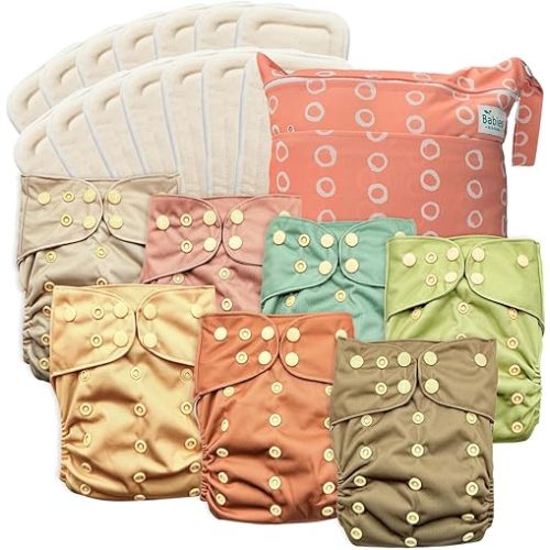 7-Pack Reusable Cloth Diapers with AWJ Interior – Includes 14 Absorbent Inserts and 1 Wet Bag – Adjustable, Waterproof, and Washable (Moss & Maple, Cotton Inserts)