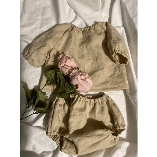 Linen baby and toddler outfit 2 piece set for boys or girls unisex sand color boho style long sleeve shirt and bloomers, children’s clothing