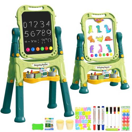 Kids Art Easel, Adjustable Drawing White Board & Chalk Board, Toddler Double Sided Easel with Painting Accessories, Birthday Gift for Girls Boy Age 3 4 5 (Green)