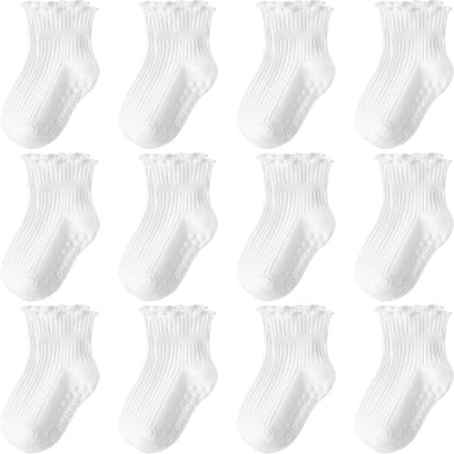 Aroveea Baby Toddler Girls Socks Grip Ruffle Non Slip Girls Cotton 12 Pack Socks for Kids Cute Ankle 6M-7Years