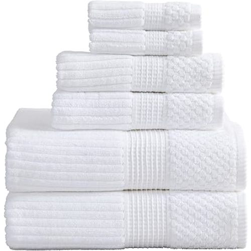 Springtree Home 100% Cotton Bath Towel Set | 6 Piece Set | Absorbent & Quick-Dry Bath Towels | Textured and Durable Cotton | Krista Collection (Bright White)