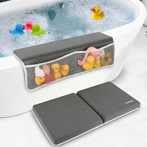 Drying-Free Bath Kneeler and Elbow Rest Pad Set for Baby Kid's, Waterproofing Kneeling Pad Painless Memory Foam Baby Bath Pad with Toy Organizer, Waterproof and Easy to Clean (Dark Gray)