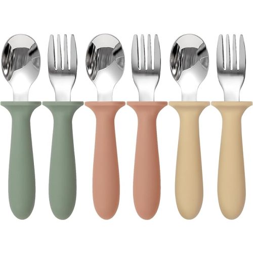 6 Pack Toddler Utensils, kids Silverware with Silicone Handle, 18/8 Stainless Steel Children Safe Spoons and Forks Set Baby Feeding Essentials, Dishwasher Safe