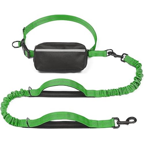 iYoShop Hands Free Dog Leash with Zipper Pouch, Dual Padded Handles and Durable Bungee for Walking, Jogging and Running Your Dog (Large, 25-120 lbs, Emerald)