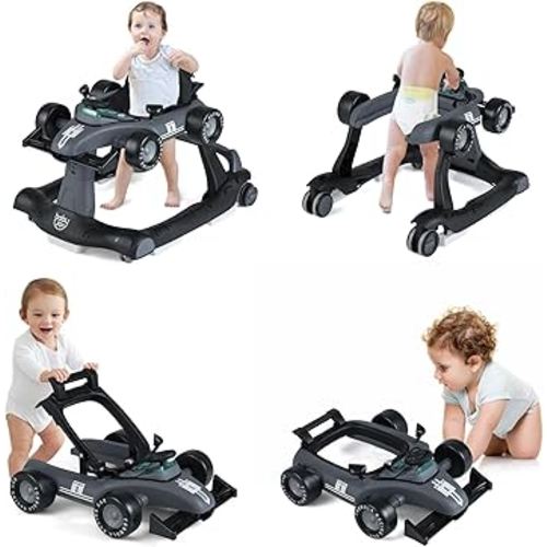 BABY JOY 4-in-1 Baby Walker, Foldable Activity Walker with Adjustable Height & Speed, Music, Lights, Anti-Rollover, Toddler Push Walker, Baby Walker with Wheels for Boys Girls 6-18 Months (Gray)