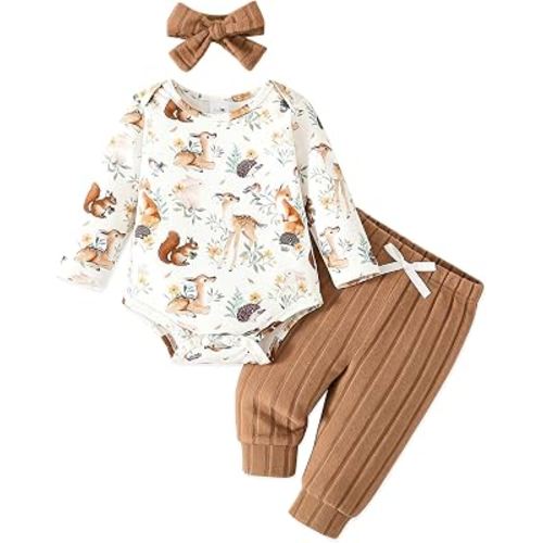 Newborn Infant Baby Girl Clothes Outfits Fall Winter Romper 3PCS Pant Sets | Cute Romper+Legging+Matching Headband, Newborn, 0 3 6 9 12 Months, Soft Skin-friendly, Long Sleeve, Crew Neck, Baby Girl Gift