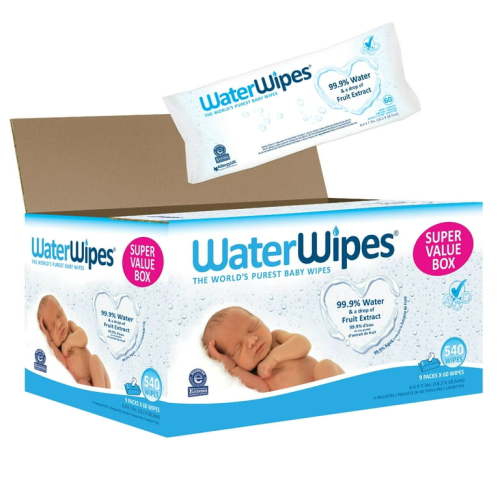 WaterWipes Original 99.9% Water Based Baby Wipes, Unscented, 9 Resealable Packs (540 Wipes) (Select for More Options)