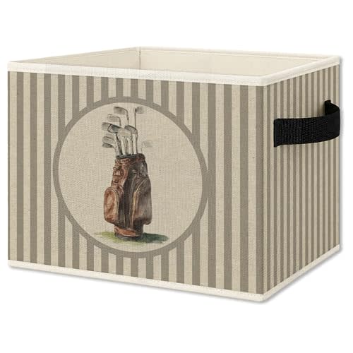 Vintage Golf Storage Bins Box with Handles, Golfing Sports Decor for Boys, Sage Striped Classic Golf Bag Aesthetic Collapsible Organizer Basket for Nursery Room Bedroom Playroom Toys Books