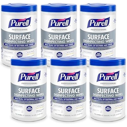 PURELL Professional Surface Disinfecting Wipes, Citrus Scent, 110 Count Canister, 7"x 8" Wipes (Pack of 6) - 9342-06