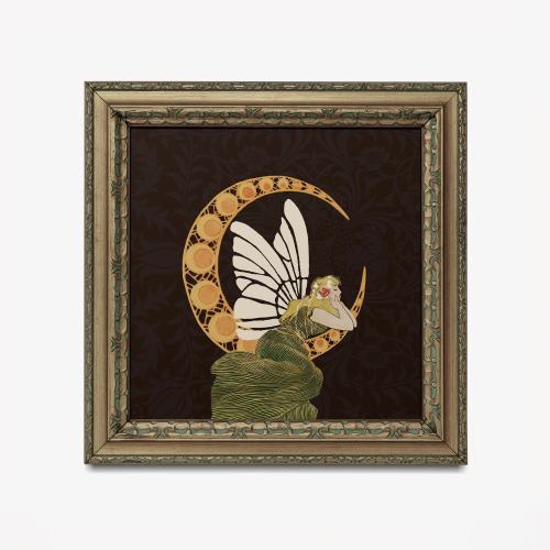 Vintage Woman and Moon - Art Nouveau Moon Print - Moon Goddess Art Deco - Moon Print Square - Beige and Gold