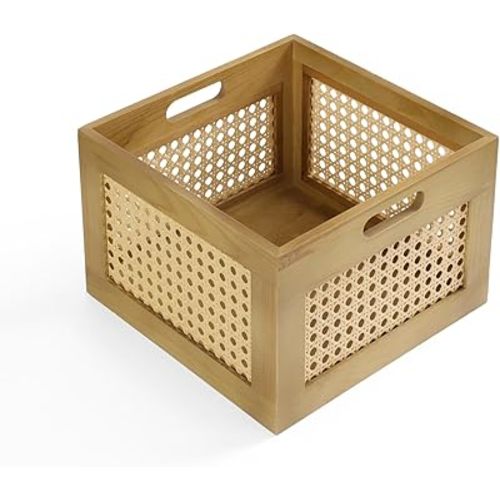 Wooden Storage Box, Square Bamboo Baskets for Organizing Woven Rattan Basket with Handles Rustic Farmhouse Cube Storage Organizer for Laundry Kitchen Fruit Home Office Tabletop Magazine Small