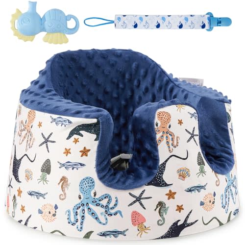 Seat Cover Compatible with Bumbo Floor Seat Only, w/Pacifier Clips & Safe Teething Bells Toys,Breathable Baby Bumbo Seat Cover,Soft Bumbo Floor Seat Cover for Baby Girl Boy, Excluding Pacifier(Blue)