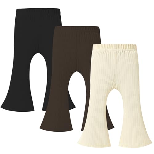 TATAKERI 3 Pack Baby Girls Pants Solid Ruffled Ribbed Toddler Flared Pants Newborn Bell Bottoms Infant Leggings