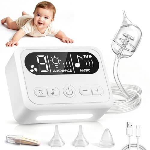 Nasal Aspirator for Baby, Baby Nose Sucker with 9 Suction Levels, Electric Nose Suction for Baby with Night Light, Can Play Lullabies, Equipped with 3 Food-Grade Silicone Nozzles and Tweezers (White)