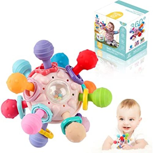 Baby Sensory Teething Teether Toys: Teething Toys for Babies 0-6 Months | Baby Teething Toys 6 to 12 Months Baby Teething Ball Toy 0-3 Month Rattle Sensory Infant Toys for 0-3-6-12 Months Baby (Pink)