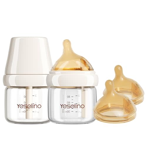 Natural Nursing Glass Baby Bottle - with Anti-Colic Vent System - BPA-Free, 3 oz Wide-Neck Baby Bottle with Slow Flow Nipple, 0-6 Months, 2 Pack (Includes 4pcs Nipples)