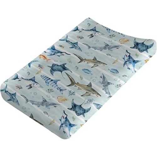 Blue Sharks Baby Changing Pad Covers Sea Animals Sharks Stripes Diaper Changing Table Sheets for Boy Girl Ocean Fishes Corals Nautical Life Soft Stretchy Fitted Nursery Change Table Mats 32''x16''