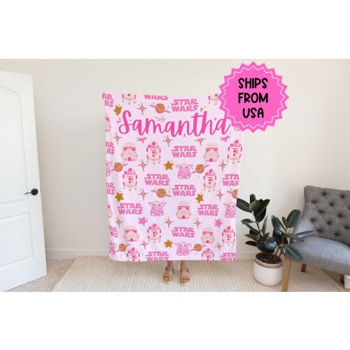 Personalized Star Wars blanket pink, Personalized Disney blanket, baby yoda blanket, pink disney blanket, pink star wars name blanket