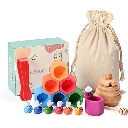 Sorting Stacking Wooden Toys for Toddlers, Bee Hive Toy, Montessori Sensory Bin Tools Toys for 3 4 5 Years Old, Fine Motor Skill Toys Early Learning Preschool Educational Gift for Kids