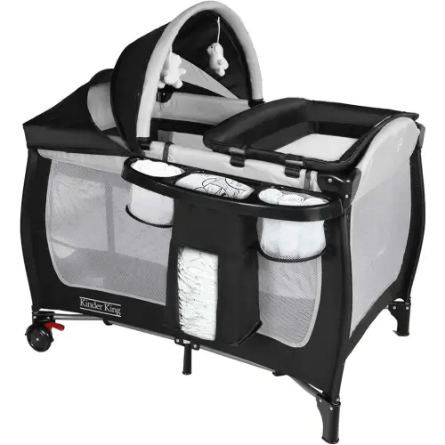 Kinder King 4 in 1 Portable Pack n Play, Baby Nursery Center Playard w/Bassinet, Large Playpen for Infant and Toddler, Newborn Changing Table, Adjustable Canopy, Storage Basket, Travel Bag, Black