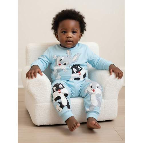 LOONEY TUNES X SHEIN Baby Boy Cartoon Style Adorable Blue Long Sleeve T-Shirt & Tight Fit Pants Pajama Set