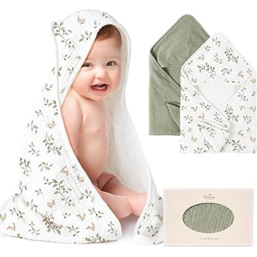 Konssy 2-Pack 100% Muslin Cotton Hooded Baby Bath Towels for Boys and Girls