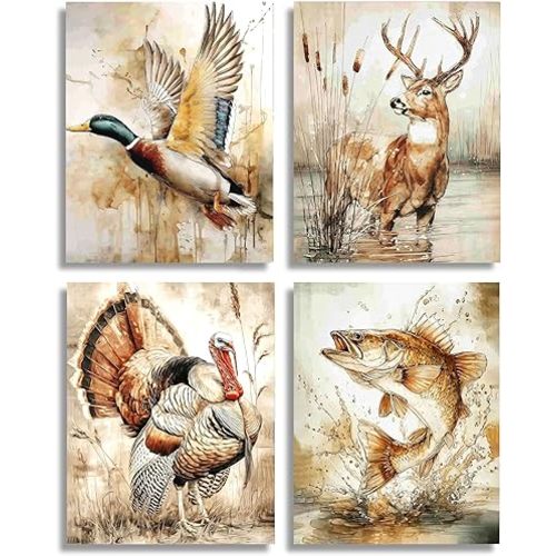 Frimeeme Nursery Vintage Hunting Wall Art, Set of 4 Unframed 8x10 Inches - Duck Deer Turkey Fish Wildlife Theme Prints for Lodge/Cabin/Man Cave