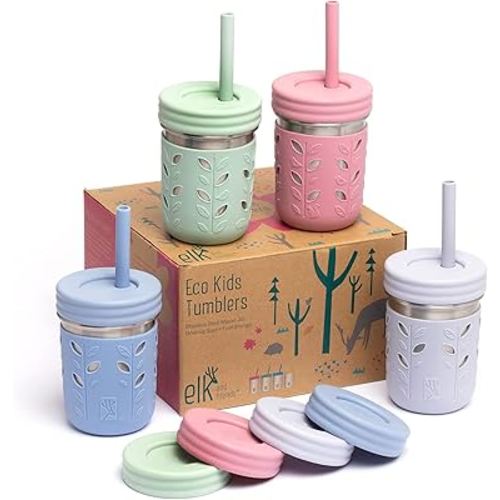 Elk and Friends Stainless Steel Cups | 10 oz Mason Jar Design | Kids & Toddler Cups with Silicone Sleeves & Straws with Stopper | Smoothie Cups