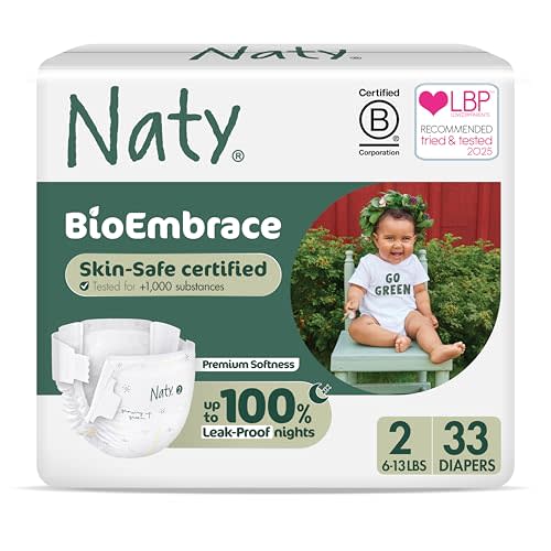 Naty BioEmbrace Baby Newborn Diapers | Sensitive Skin Safe Certified | Leak Protection up to 100% | Plant-Based Teddy Softness, Premium Comfort | Chlorine-Free | Size 2 (6–13 lbs), 33 Count